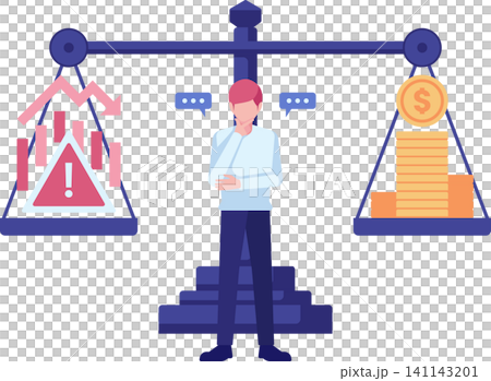 Businessman Weighing Business Risk and Reward on a Scale 141143201