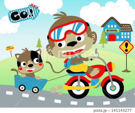 Cartoon of cute monkey riding motorbike while pulling cat in cart on landscape background 141143277