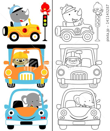 Vector illustration of funny animals cartoon on vehicle. Coloring book or page for kids Vector illustration of funny animals cartoon on vehicle. Coloring book or page for kids 141143287