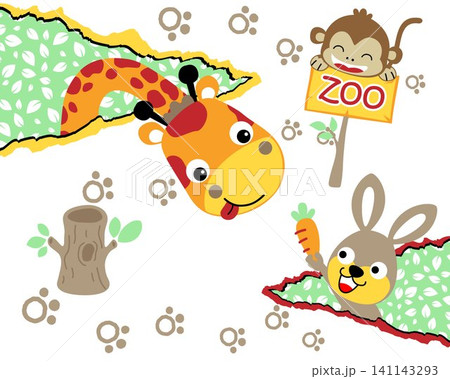 Vector illustration of funny animals cartoon. Giraffe, monkey and rabbit 141143293