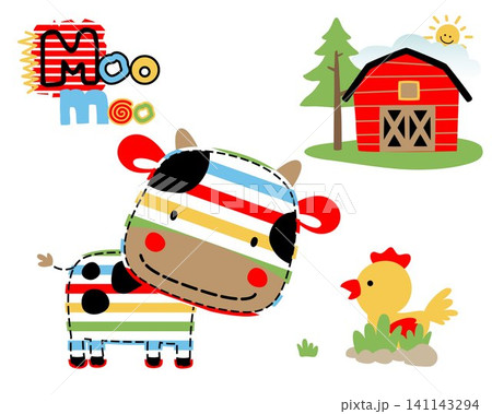 Vector cartoon of funny cow and chicken with barn. Farm elements cartoon Vector cartoon of funny cow and chicken with barn. Farm elements cartoon 141143294