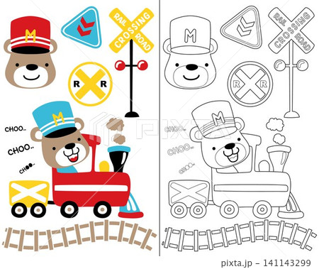 Funny bear cartoon on steam train with locomotive elements, coloring book or page Funny bear cartoon on steam train with locomotive elements, coloring book or page 141143299