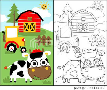 Vector illustration of farm elements cartoon with funny cow, coloring book or page Vector illustration of farm elements cartoon with funny cow, coloring book or page 141143317