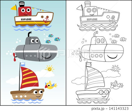 Vector illustration of funny sea transport with bird and fishes. Coloring book or page Vector illustration of funny sea transport with bird and fishes. Coloring book or page 141143323