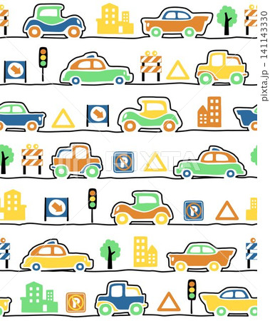seamless pattern vector of hand drawn vehicles cartoon with traffic signs and buildings 141143330