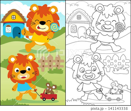 coloring book with funny lion cartoon, cute lion activity with mouse on field and house background coloring book with funny lion cartoon, cute lion activity with mouse on field and house background 141143338