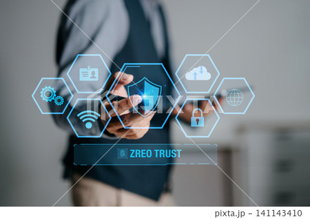 Zero trust cybersecurity concept showing digital security, network protection, cloud access and data privacy for business, IT infrastructure Zero trust cybersecurity concept showing digital security, network protection, cloud access and data privacy for business, IT infrastructure 141143410