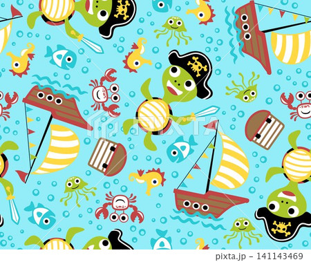 Vector of seamless pattern with funny turtle in pirate costume, marine animals, sailboat and pirate elements Vector of seamless pattern with funny turtle in pirate costume, marine animals, sailboat and pirate elements 141143469