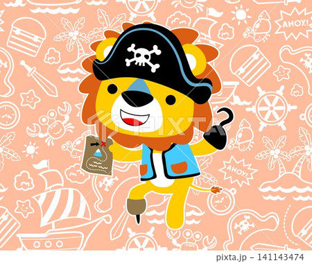 Vector cartoon of lion in pirate costume holding treasure map on seamless pattern sailing elements background Vector cartoon of lion in pirate costume holding treasure map on seamless pattern sailing elements background 141143474