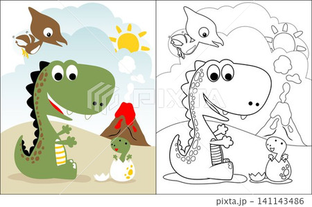 coloring book vector of cute dinosaurs cartoon on volcano and blue sky background coloring book vector of cute dinosaurs cartoon on volcano and blue sky background 141143486