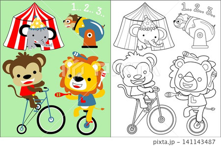Coloring book vector with cute animals playing circus Coloring book vector with cute animals playing circus 141143487