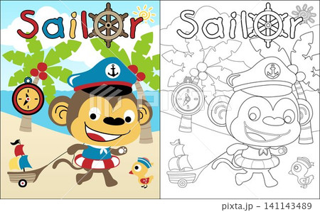 Coloring book vector of monkey cartoon playing as a sailor in the beach with little duck Coloring book vector of monkey cartoon playing as a sailor in the beach with little duck 141143489