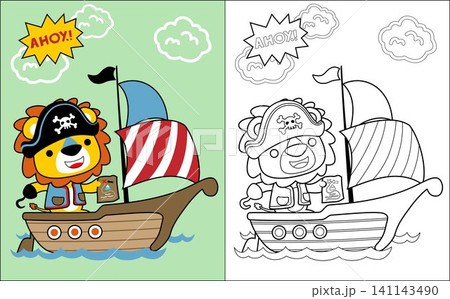 Coloring book vector with lion cartoon in pirate costume on sailboat 141143490