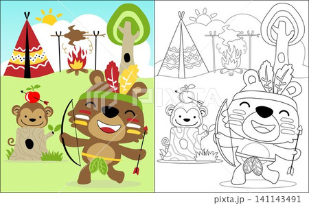Coloring book vector of funny bear and monkey in Indian tribes costume playing archery 141143491