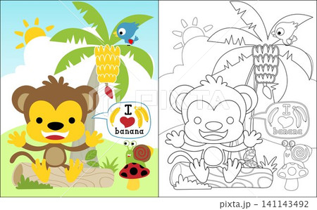 Coloring book vector of little monkey cartoon with little friends in banana tree on blue sky background 141143492