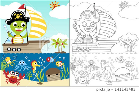 Coloring book vector with turtle in pirate costume on sailboat hunting treasure underwater, funny marine animals cartoon on scenic background Coloring book vector with turtle in pirate costume on sailboat hunting treasure underwater, funny marine animals cartoon on scenic background 141143493