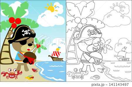 Coloring book vector of cute bear in pirate costume carrying treasure chest in the beach with little marine animals Coloring book vector of cute bear in pirate costume carrying treasure chest in the beach with little marine animals 141143497