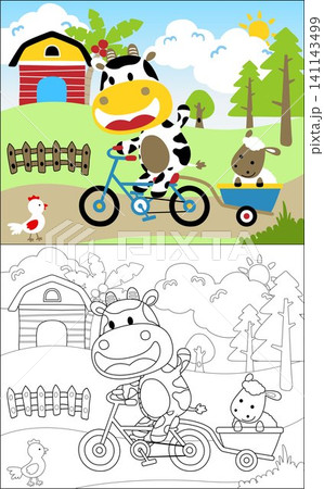 Coloring book vector of funny cow riding bicycle pulling sheep on wheelbarrow. Farmyard animals on farm field background Coloring book vector of funny cow riding bicycle pulling sheep on wheelbarrow. Farmyard animals on farm field background 141143499