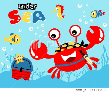 Vector illustration of funny crab in pirate costume with marine animals finding treasure undersea 141143509