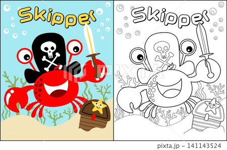 Coloring book vector of funny crab in pirate costume holding sword with starfish on treasure chest undersea Coloring book vector of funny crab in pirate costume holding sword with starfish on treasure chest undersea 141143524
