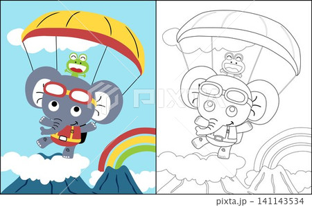 Coloring book vector of elephant with frog skydiving on mountains and rainbow background 141143534