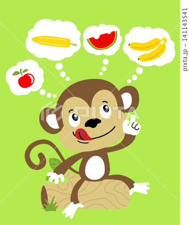 Funny monkey cartoon sitting on tree trunk thinking about fruits Funny monkey cartoon sitting on tree trunk thinking about fruits 141143541