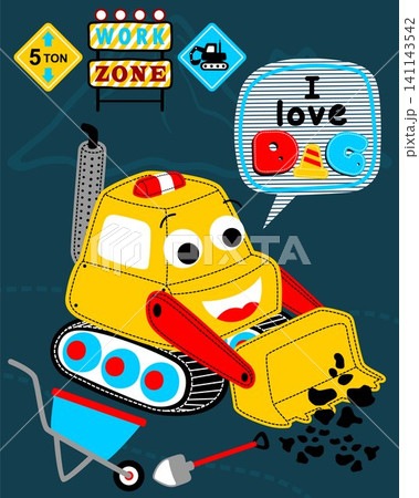 Vector illustration of funny digger working with worker tools and construction signs Vector illustration of funny digger working with worker tools and construction signs 141143542