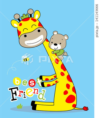 Animal cartoon vector, little bear climb on giraffe's neck, bee flying Animal cartoon vector, little bear climb on giraffe's neck, bee flying 141143666