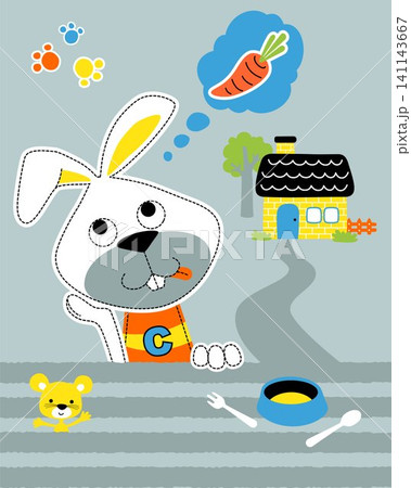 Animals cartoon vector, rabbit thinking about carrot on little home background, little mouse with tableware 141143667
