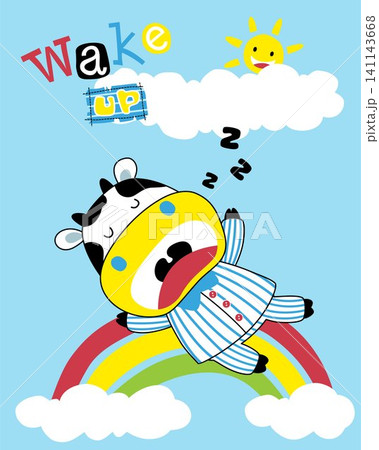 Animal cartoon vector of cute cow in nightdress sleep on rainbow with smiling sun 141143668