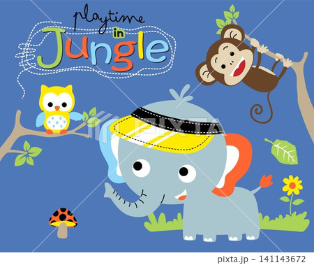 Vector illustration of elephant cartoon wearing hat, monkey and owl on tree branches 141143672