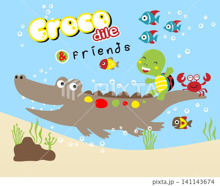 Marine animals cartoon, turtle and crab riding on crocodile's tail 141143674