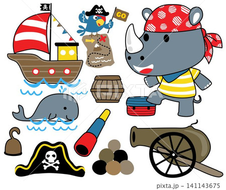 Cute rhino cartoon in pirate costume with pirate sailing elements 141143675