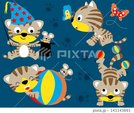 Vector set of cute kittens cartoon in different action with little friends Vector set of cute kittens cartoon in different action with little friends 141143691