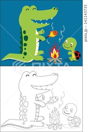 Vector illustration of coloring book with crocodile cartoon and little turtle grilling fish on bonfire Vector illustration of coloring book with crocodile cartoon and little turtle grilling fish on bonfire 141143735