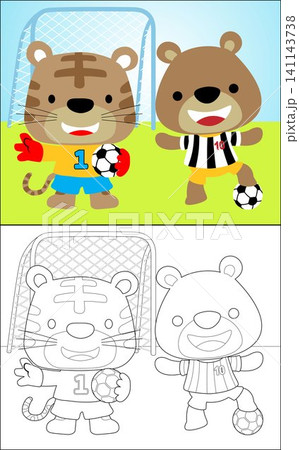 Coloring book of cute tiger and bear in soccer costume, holding ball in football field Coloring book of cute tiger and bear in soccer costume, holding ball in football field 141143738