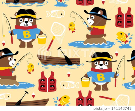 Seamless pattern vector of funny bear cartoon catch fish, angler elements Seamless pattern vector of funny bear cartoon catch fish, angler elements 141143745