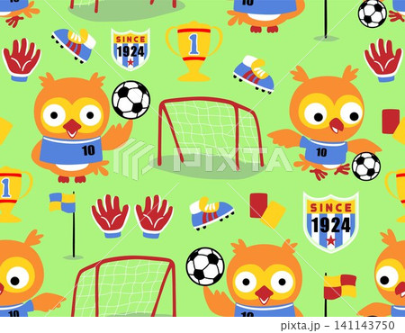 Seamless pattern vector of cute owl playing soccer, soccer elements cartoon 141143750