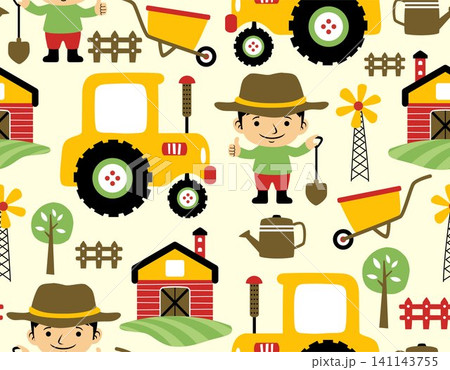 Seamless pattern vector of farmfield elements cartoon, little farmer holding shovel 141143755
