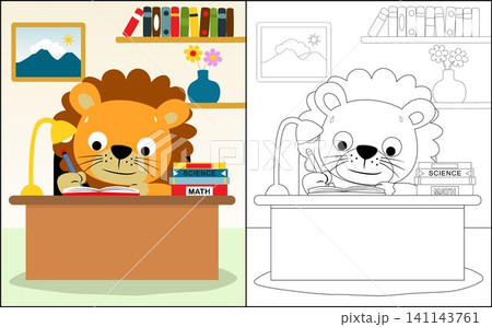 Coloring book or page with cute lion cartoon studying on table in classroom Coloring book or page with cute lion cartoon studying on table in classroom 141143761