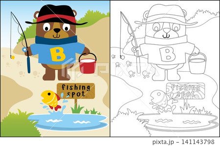 Coloring book or page with funny bear cartoon going to fishing 141143798