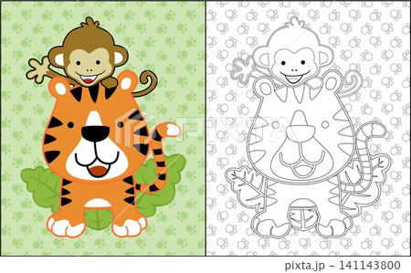 Coloring book or page with funny animals cartoon, tiger and monkey on animals trail background Coloring book or page with funny animals cartoon, tiger and monkey on animals trail background 141143800