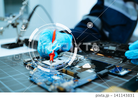Professional electronics repair. Hands in blue gloves using a multimeter to test a circuit board, surrounded by hardware components like a CPU Professional electronics repair. Hands in blue gloves using a multimeter to test a circuit board, surrounded by hardware components like a CPU 141143831