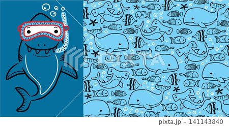 Seamless pattern vector of marine animals cartoon with funny shark wearing diving goggles 141143840