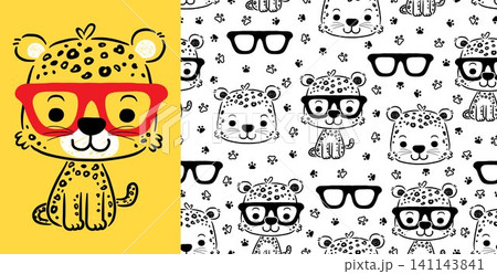 Seamless pattern vector of cute cat cartoon with eyeglasses, animals trail 141143841