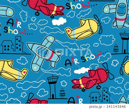 Seamless pattern vector of air transportations cartoon, airport and clouds in hand drawn style Seamless pattern vector of air transportations cartoon, airport and clouds in hand drawn style 141143846