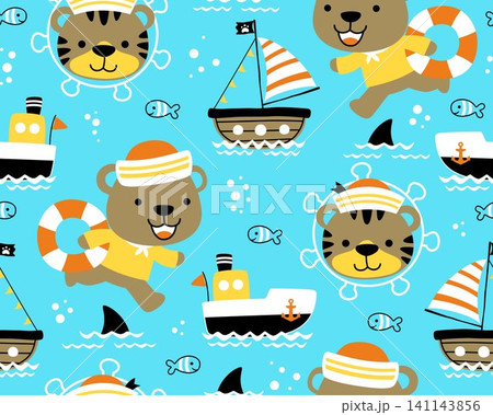 Seamless pattern vector of funny animals sailor cartoon. Sailing elements cartoon 141143856