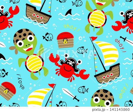 Seamless pattern vector of funny marine animals cartoon in pirate costume, pirate elements cartoon 141143860