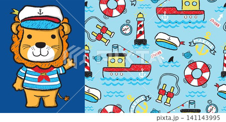 Hand drawn cute lion cartoon in sailor costume with seamless pattern nautical elements vector Hand drawn cute lion cartoon in sailor costume with seamless pattern nautical elements vector 141143995