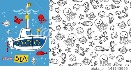 Hand drawn submarine cartoon with marine animals seamless pattern vector Hand drawn submarine cartoon with marine animals seamless pattern vector 141143996